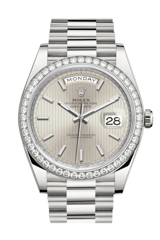 Rolex Day-Date 40 Silver Stripe Motif Dial Diamond Bezel White Gold President Automatic Men's Watch 228349RBR DC