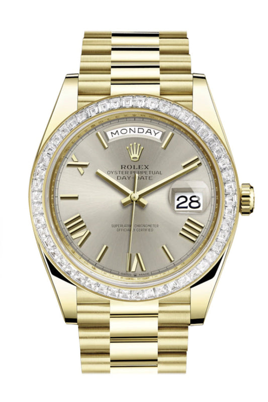 Rolex Day-Date 40 Silver Roman Dial 40 Baguette Diamond Bezel 18K Yellow Gold President Automatic Men's Watch 228398TBR  228398