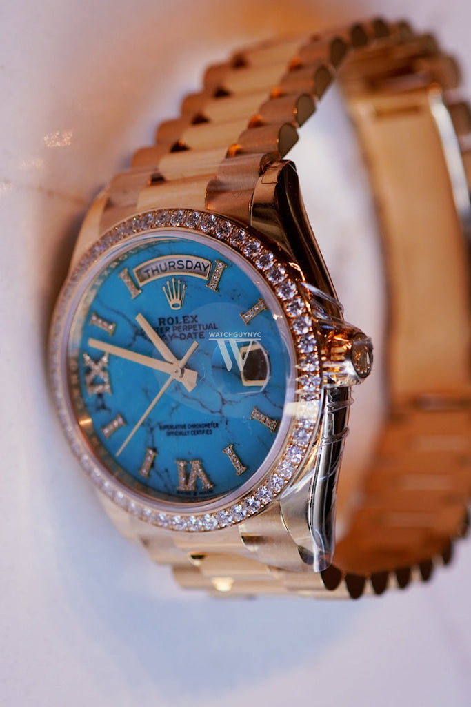 Rolex Day-Date 36 Turquoise Dial Gold Diamond Bezel Watch 128348RBR-0037 128348RBR