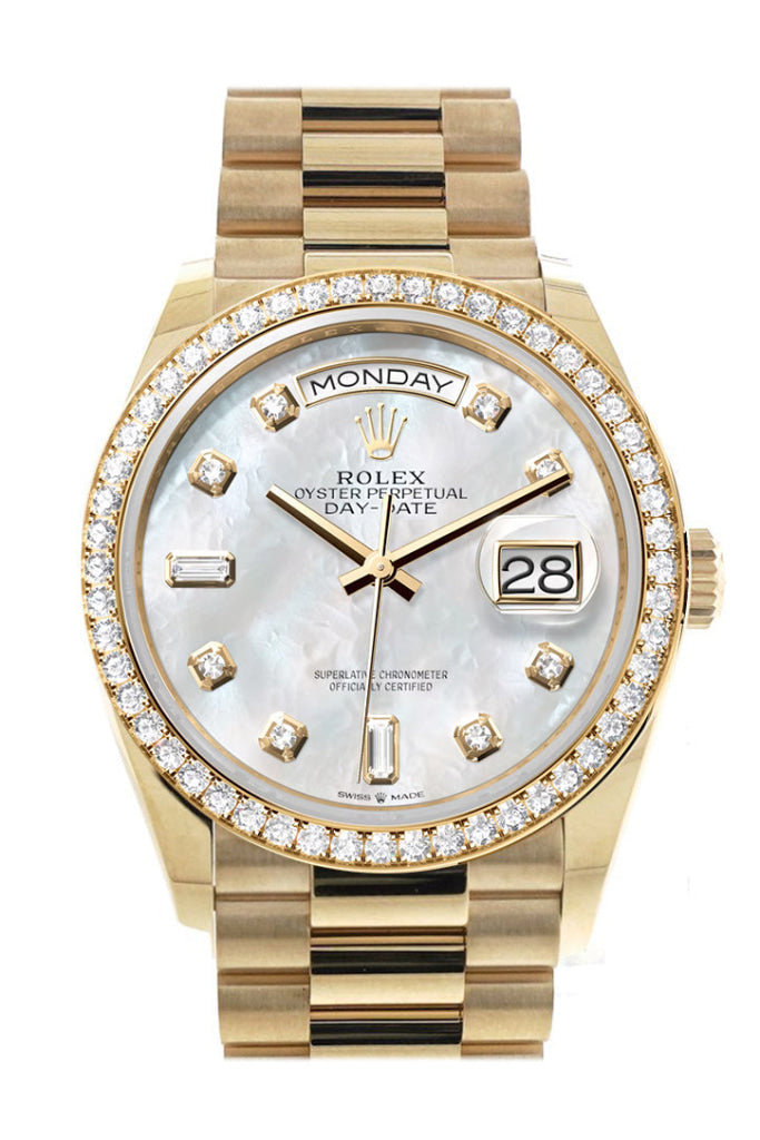 Rolex Day-Date 36 Mother of Pearl Dial Gold Diamond Bezel Watch 128348RBR-0017 128348RBR