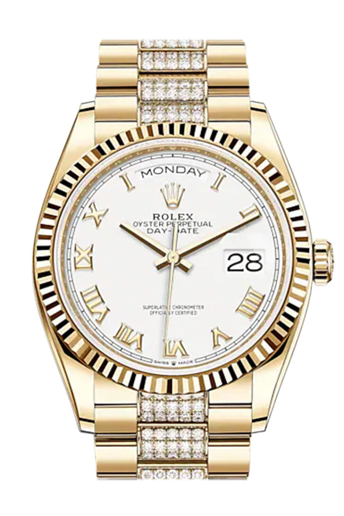 ROLEX Day-Date 36 White Roman Dial 18K Yellow Gold Watch Diamond set president Bracelet 128238 DC