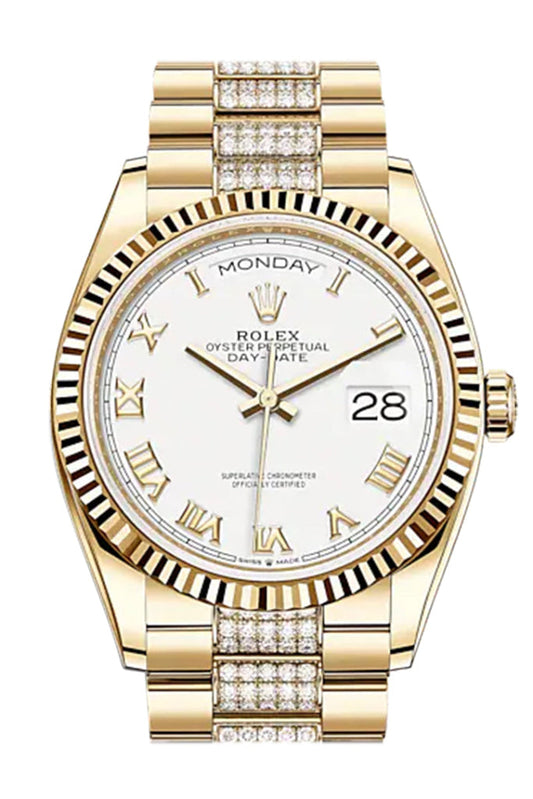 ROLEX Day-Date 36 White Roman Dial 18K Yellow Gold Watch Diamond set president Bracelet 128238 DC