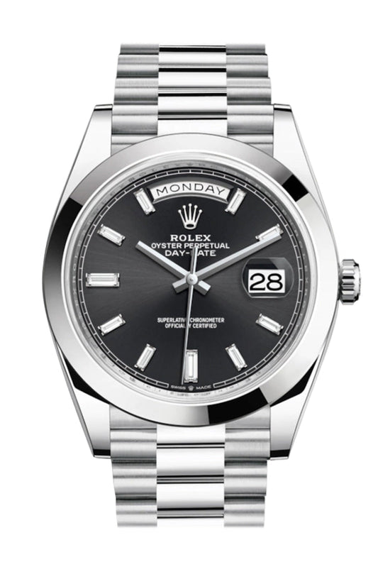Rolex Day-Date 40 Black Baguette Diamond Dial Dome Bezel Platinum President Automatic Men's Watch 228206 DC
