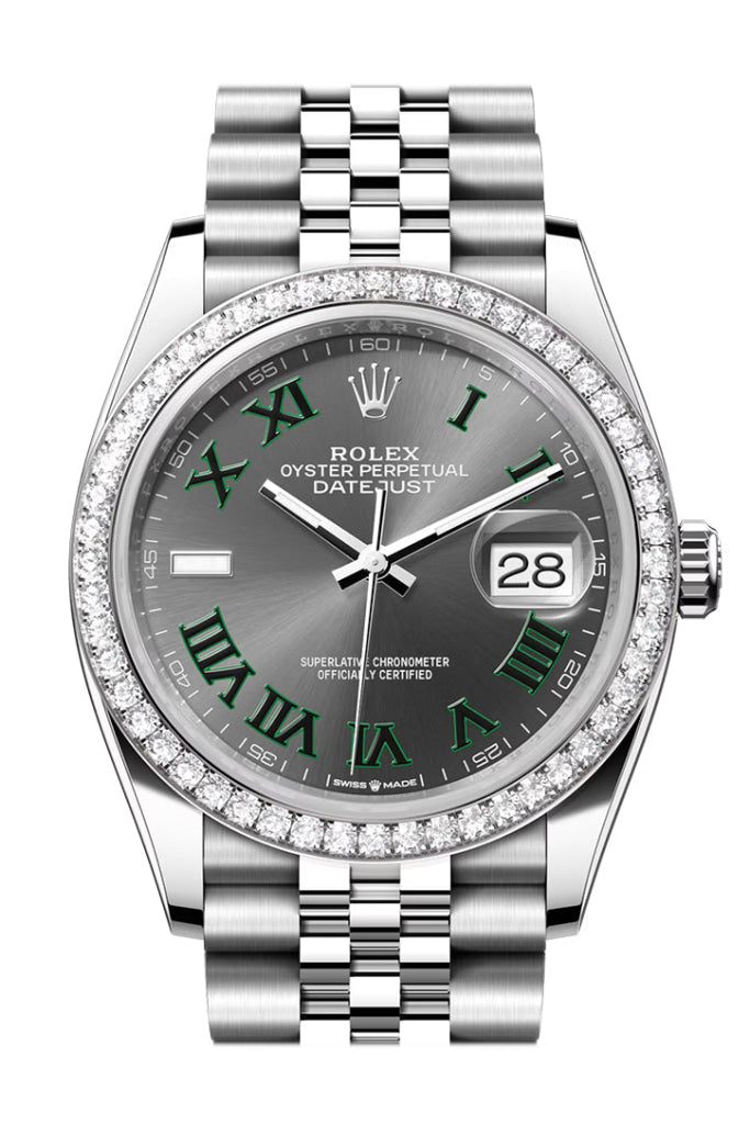 Rolex Datejust 36 Grey Green Wimbeldon Roman Dial Diamond Bezel Jubilee Watch 126284RBR 126284RBR-0037