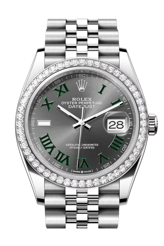 Rolex Datejust 36 Grey Green Wimbeldon Roman Dial Diamond Bezel Jubilee Watch 126284RBR 126284RBR-0037