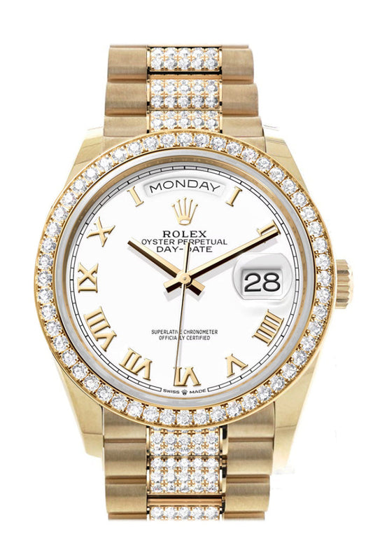 Rolex Day-Date 36 White Roman Dial Gold Diamond Bezel Watch 128348RBR-0043 128348RBR