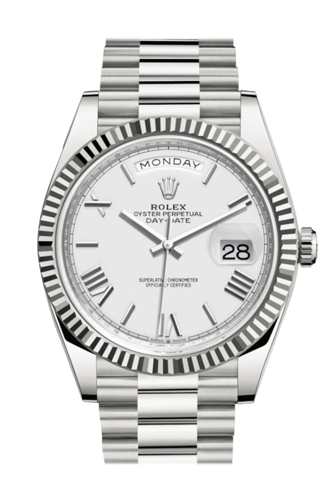 Rolex Day-Date 40 White Roman Dial Fluted Bezel White Gold President Automatic Men's Watch 228239