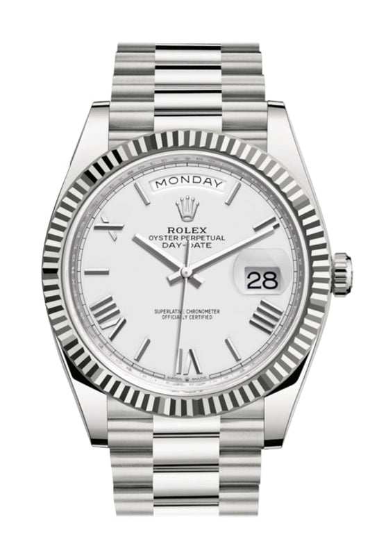 Rolex Day-Date 40 White Roman Dial Fluted Bezel White Gold President Automatic Men's Watch 228239