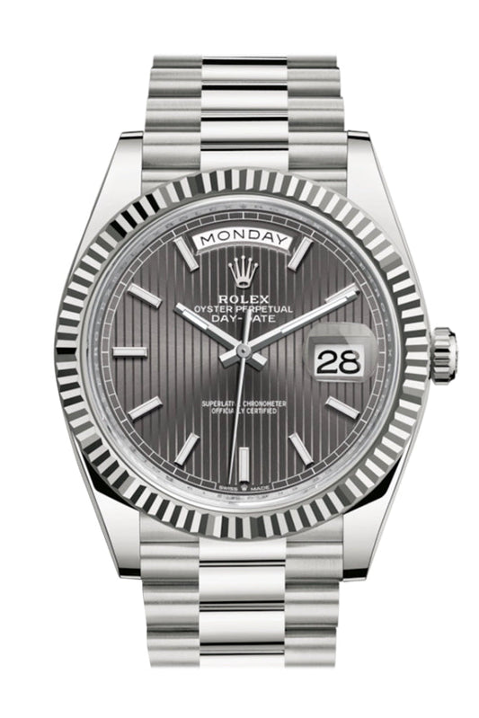 Rolex Day-Date 40 Dark Rhodium Stripe Motif Dial Fluted Bezel White Gold President Automatic Men's Watch 228239 DC