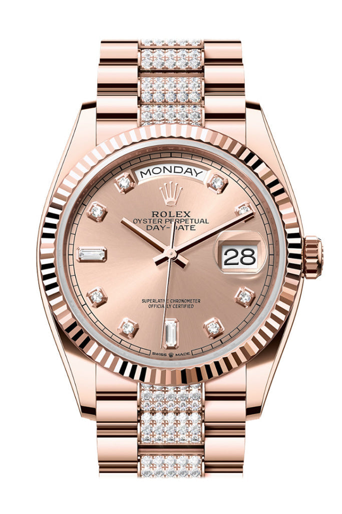 Rolex Day-Date 36 Rosé Colour Diamond Dial Fluted Bezel 18K Everose gold Diamond President Watch 128235