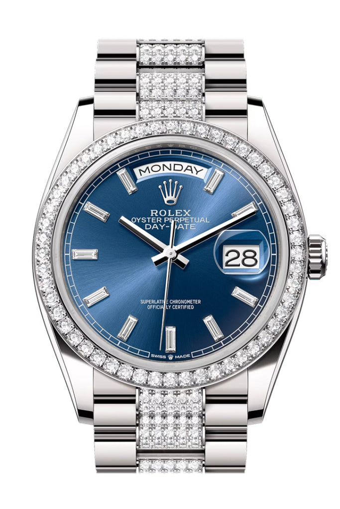 Rolex Day Date 36mm Bright Blue Diamond Dial Diamond Bezel White Gold President Diamond Bracelet 128349RBR