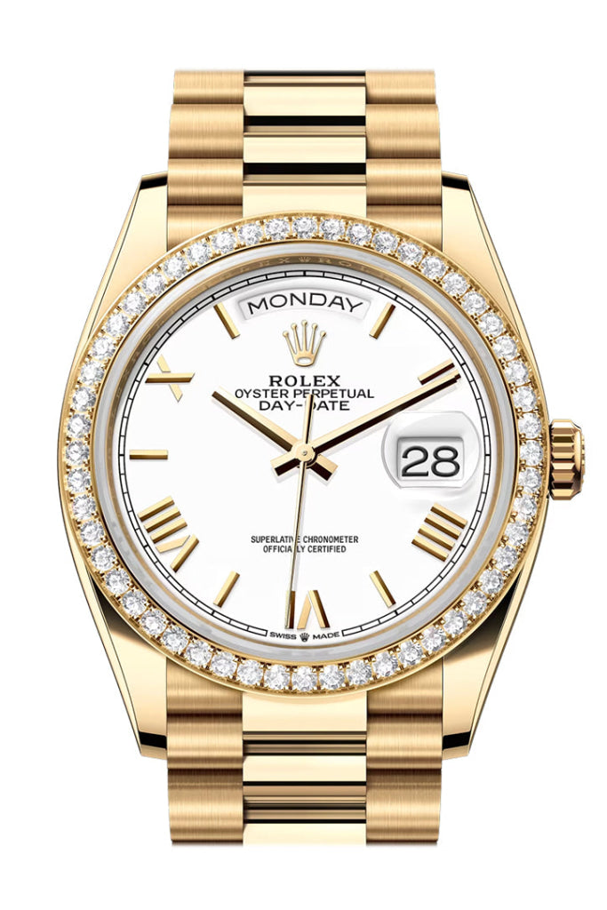 Rolex Day Date 36mm White Roman Dial Diamond Bezel Yellow Gold President Diamond Bracelet 128348RBR