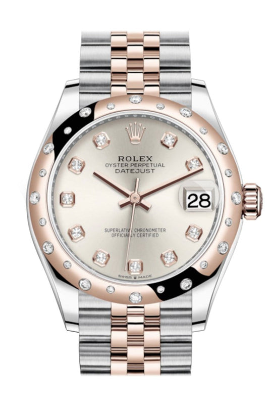 Rolex Datejust 31 Silver Diamonds Dial Diamond Bezel Jubilee Rose Gold Two Tone Watch 278341RBR 278341