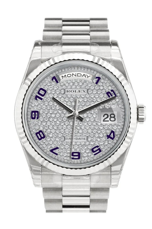 Rolex Day-Date 36 white gold watch with diamond-paved dial, fluted bezel, violet Arabic numerals, and President bracelet — available at globalskydiamonds.com