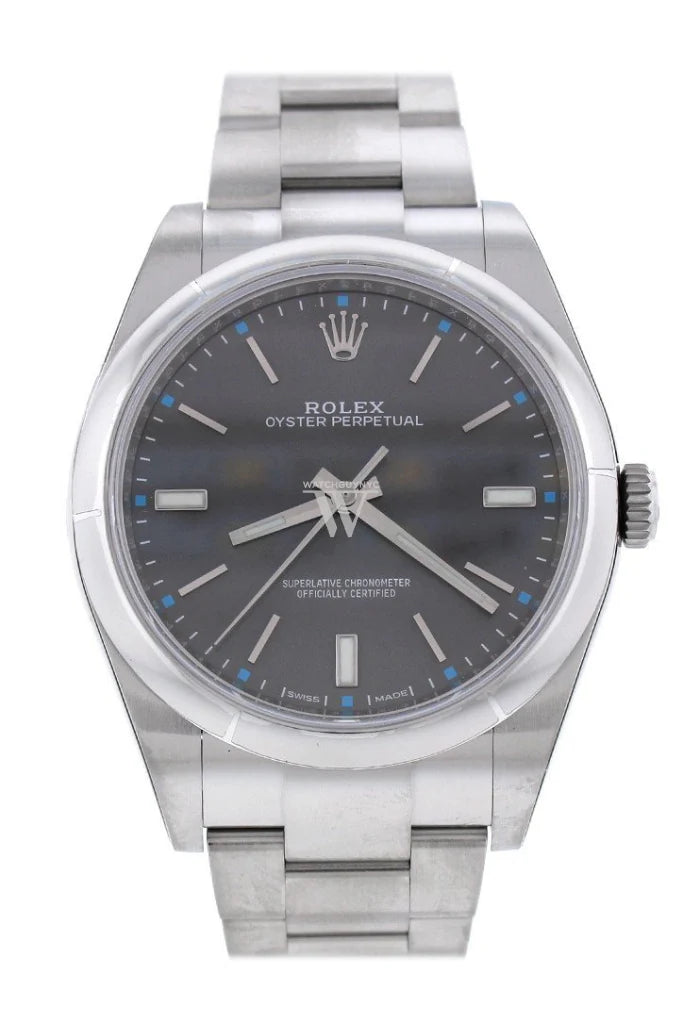 Close-up of Rolex 114300 Oyster Perpetual 39mm watch featuring rhodium dial with luminous hour markers and polished bezel, in stock at Global Sky Diamonds NYC – globalskydiamond.com