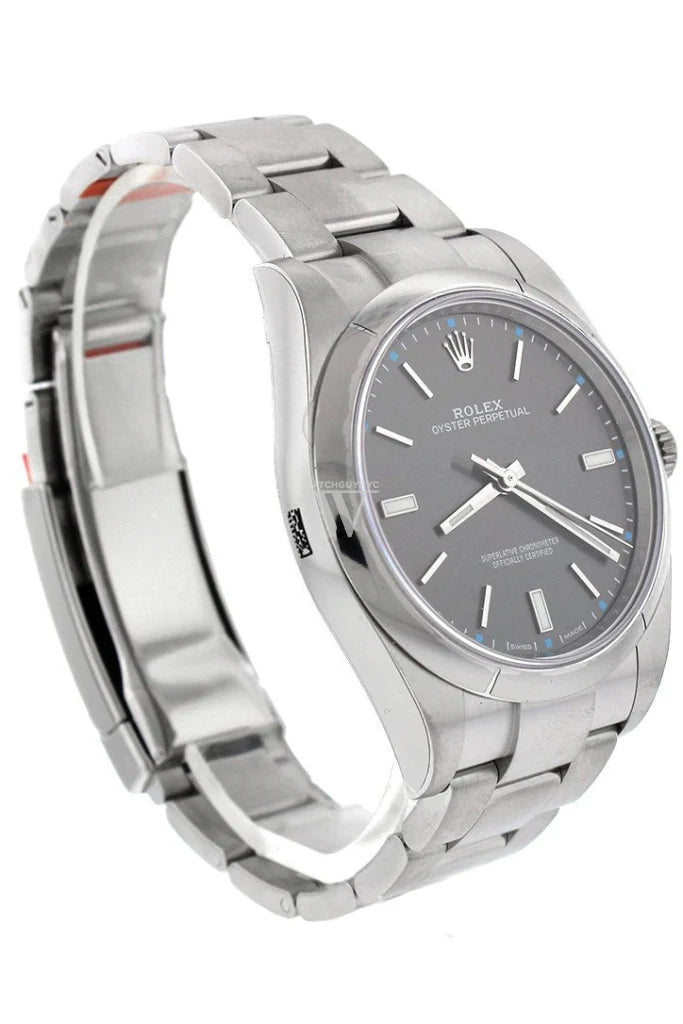 Rolex Oyster Perpetual 39mm Ref. 114300 with sunburst rhodium dial and brushed Oyster bracelet, displayed at 44 W 47th St, Booth GF-10 – globalskydiamond.com
