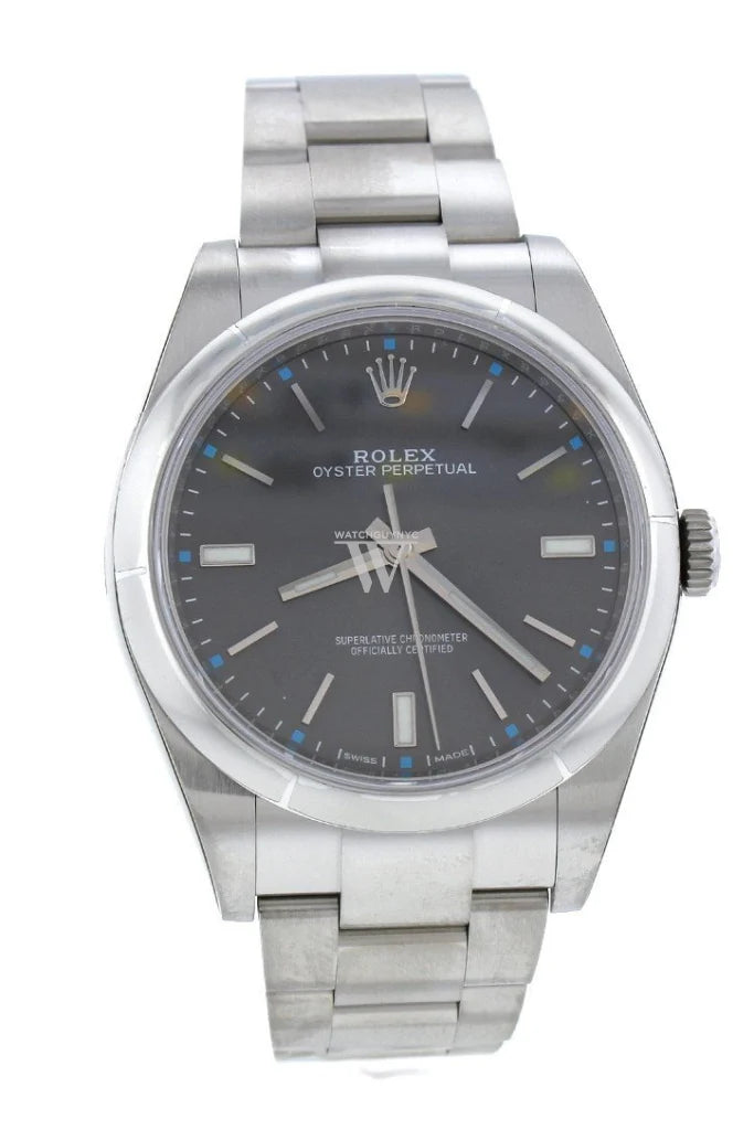 Rolex Oyster Perpetual 39 reference 114300 with smooth bezel, Rhodium gray dial, and Oystersteel bracelet, photographed at Global Sky Diamonds, Diamond District NYC – globalskydiamond.com