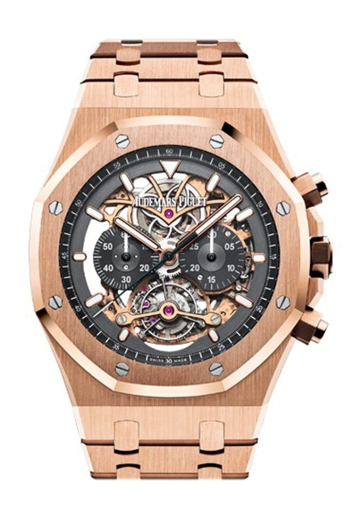 Audemars Piguet Royal Oak 44 Tourbillon Chronograph Openworked Rhodium Toned 18K Pink Gold Mens Watch 26347OR.OO.1205OR.01