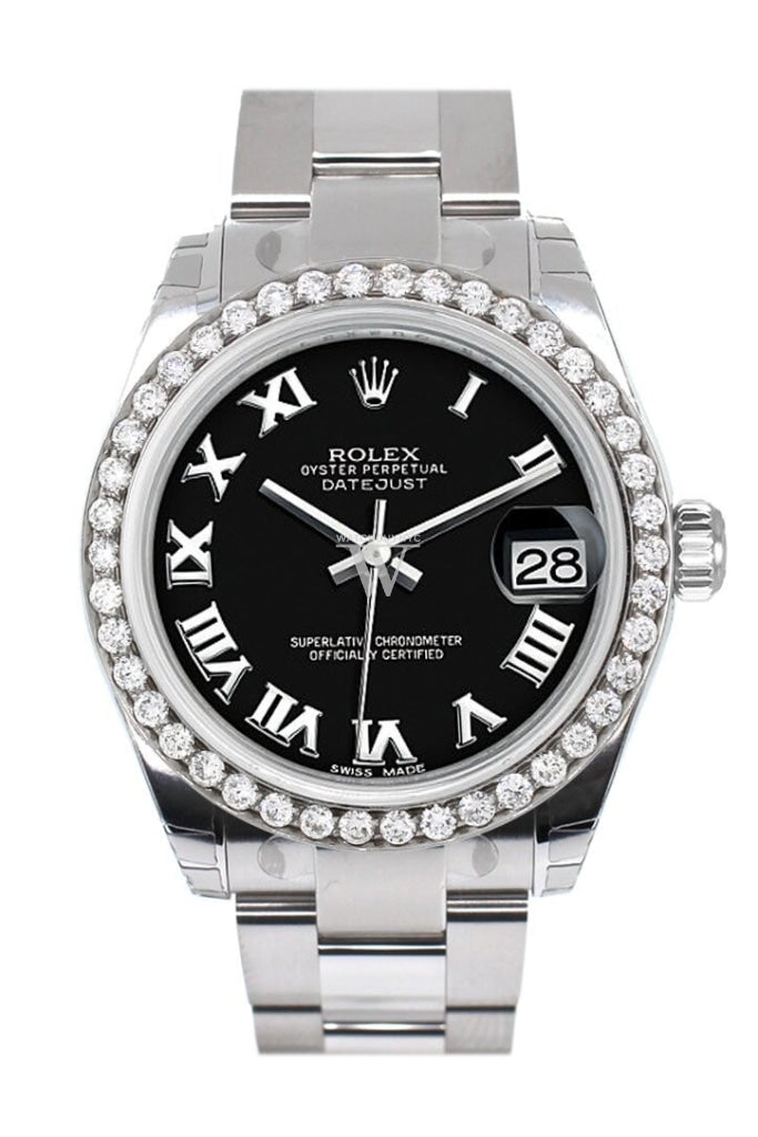 Rolex Custom Diamond Bezel Datejust 31 Black Roman Dial Oyster Ladies Watch 178240 Pre-owned