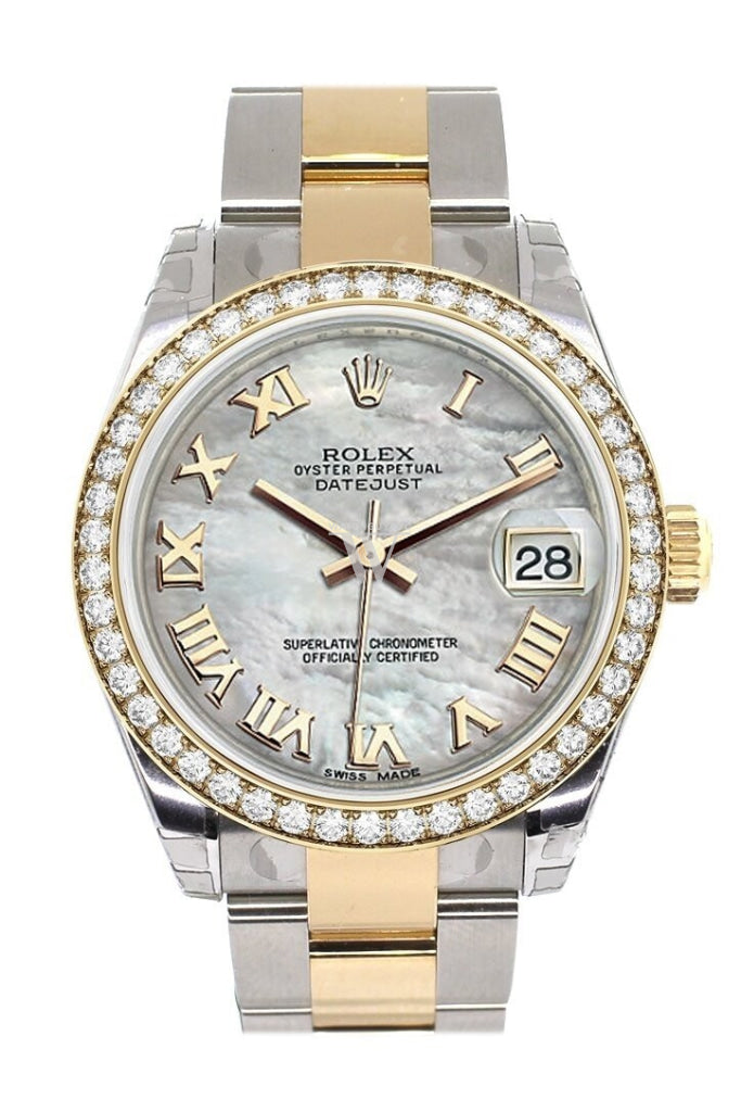 Custom Diamond Bezel Rolex Datejust 31 Mother of Pearl Roman Dial Ladies Watch Two Tone 18K Gold 178243 Pre-owned