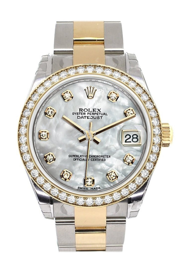 Custom Diamond Bezel Rolex Datejust 31 Mother of Pearl Diamonds Dial Ladies Watch Two Tone 18K Gold 178243 Pre-owned
