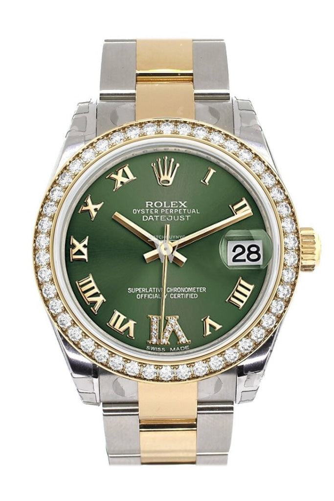 Custom Diamond Bezel Rolex Datejust 31 Olive Green Roman Large VI Diamond Dial Ladies Watch Two Tone 18K Gold 178243 Pre-owned