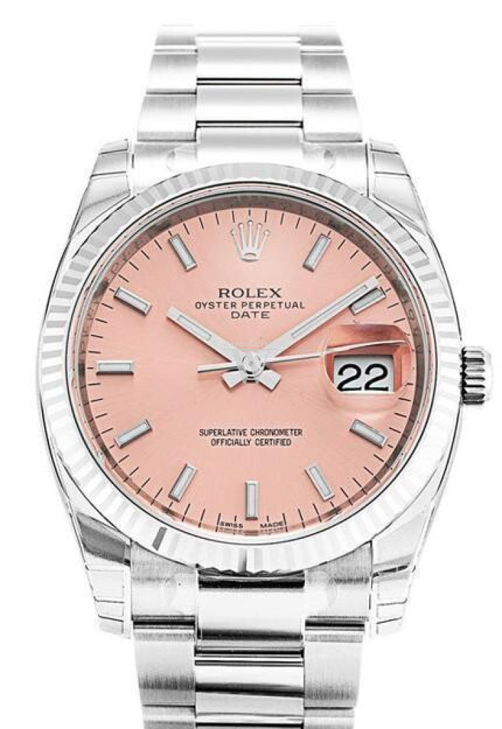 ROLEX Date 34mm Pink Dial Steel White Gold Watch 115234