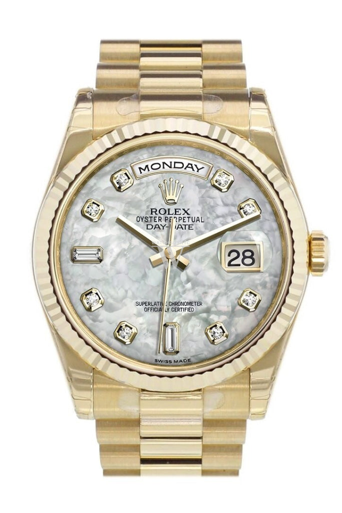 Rolex Day-Date 36 White mother-of-pearl Diamonds Dial Fluted Bezel President Yellow Gold Watch 118238