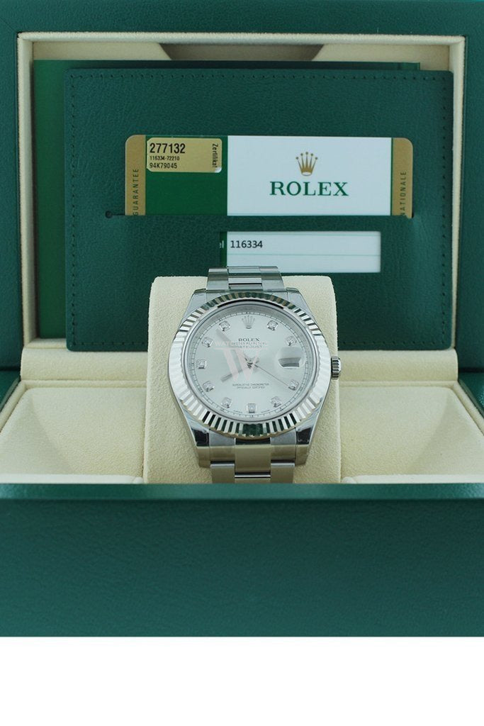 ROLEX Datejust II 41 Steel Silver Diamond Dial 18kt White Gold Fluted Bezel Men's Watch 116334 Pre-owned