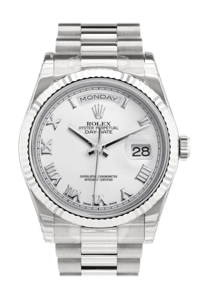 Rolex Day-Date 36 White Roman Dial Fluted Bezel President White Gold Watch 118239