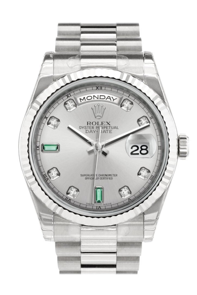Rolex Day-Date 36 Rhodium set with Diamonds and emeralds Dial Fluted Bezel President White Gold Watch 118239