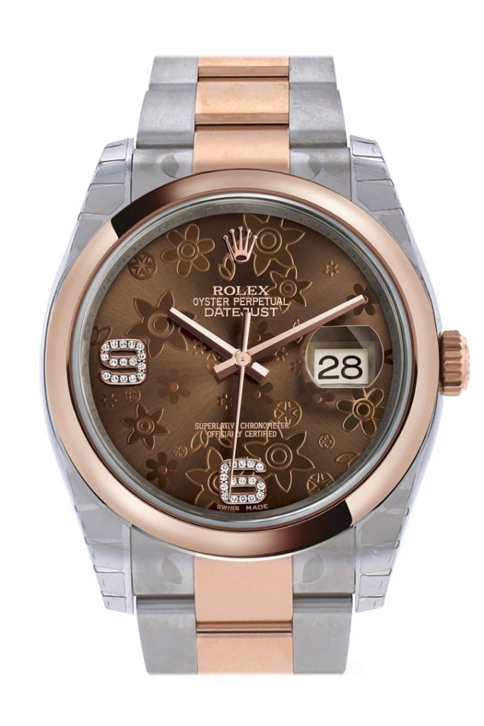 Rolex Datejust 36 Chocolate floral motif set with diamonds Dial Steel and 18k Rose Gold Oyster Watch 116201