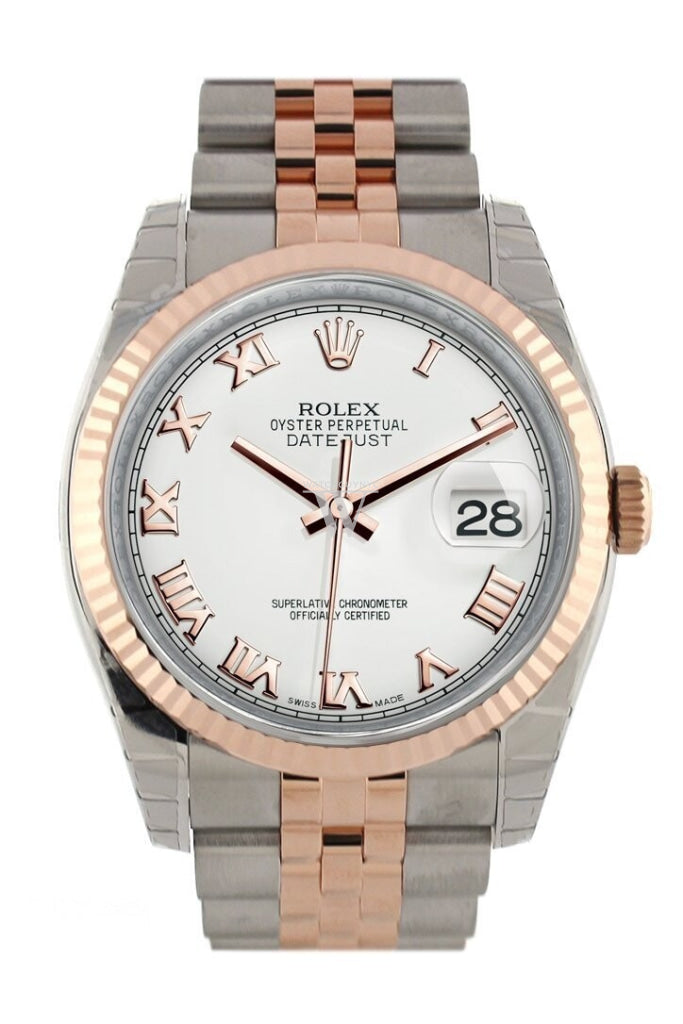 Rolex Datejust 36 White Roman Dial Fluted Steel and 18k Rose Gold Jubilee Watch 116231 Pre-owned