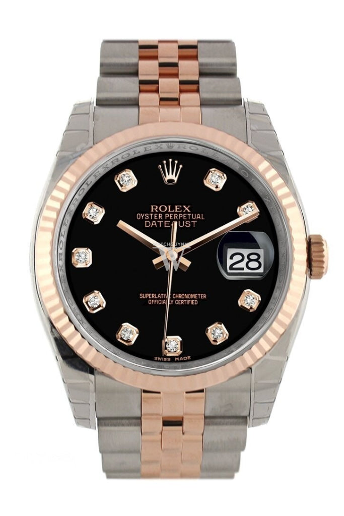 Rolex Datejust 36 Black set with diamonds Dial Fluted Steel and 18k Rose Gold Jubilee Watch 116231 Pre-owned