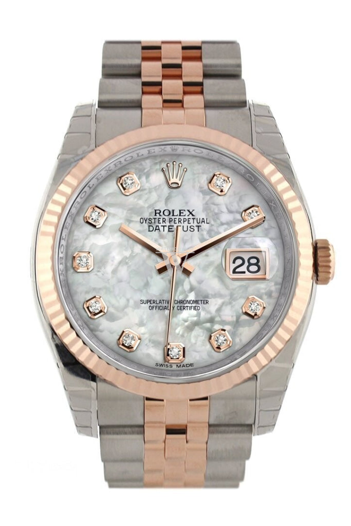 Rolex Datejust 36 White mother-of-pearl diamonds Dial Fluted Steel 18k Rose Gold Jubilee Watch 116231 Pre-owned