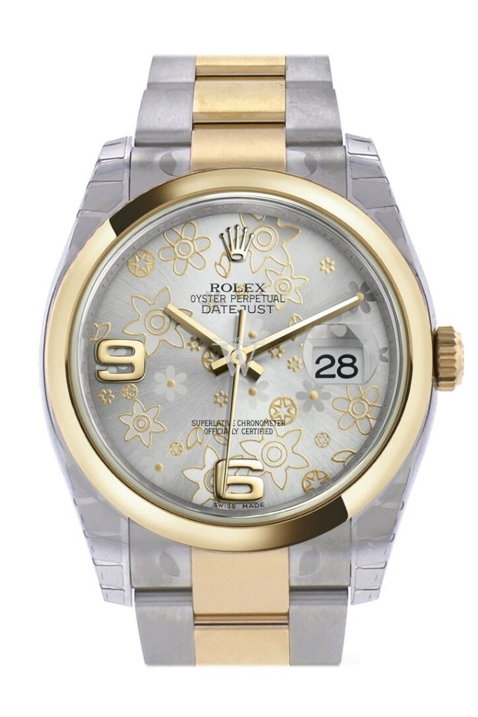 Rolex Datejust 36 Silver floral motif Dial 18k Gold Two Tone Oyster Watch 116203 Pre-owned