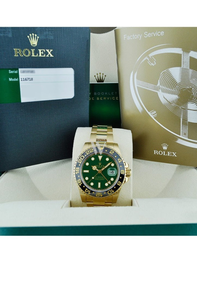Rolex GMT Master II Green Dial Oyster Bracelet 18kt Yellow Gold Men's Watch 116718