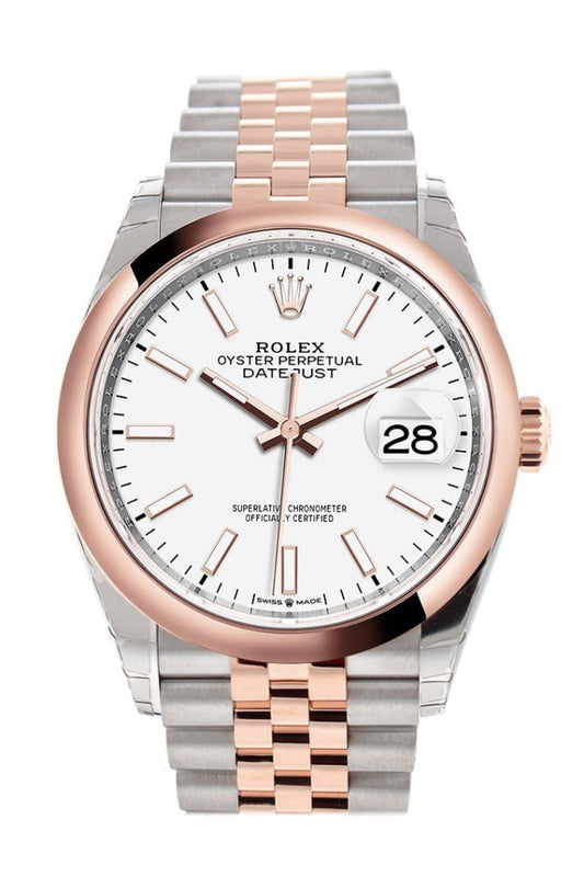 Rolex Datejust 36 White Dial Dome Rose Gold Two Tone Jubilee Watch 126201 NP