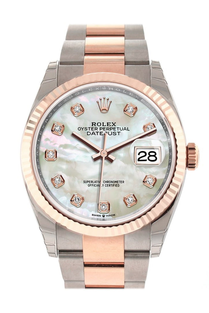 Rolex Datejust 36 White mother-of-pearl set with diamonds Dial Fluted Rose Gold Two Tone Watch 126231 NP