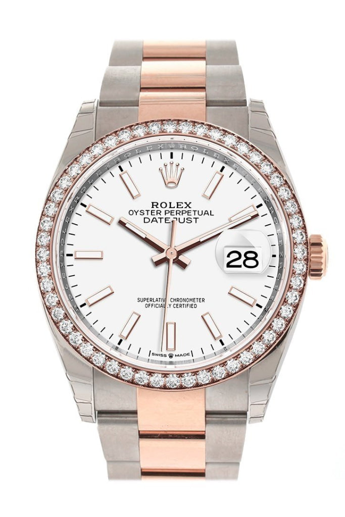 Rolex Datejust 36 White Dial Diamond Bezel Rose Gold Two Tone Watch 126281RBR 126281 NP