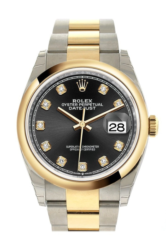Rolex Datejust 36 Black set with diamonds Dial Dome Bezel Oyster Yellow Gold Two Tone Watch 126203NP