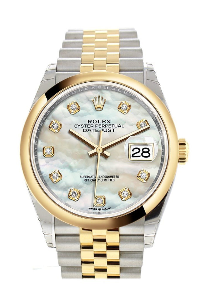 Rolex Datejust 36 White mother-of-pearl set with diamonds Dial Dome Bezel Jubilee Yellow Gold Two Tone Watch 126203 NP
