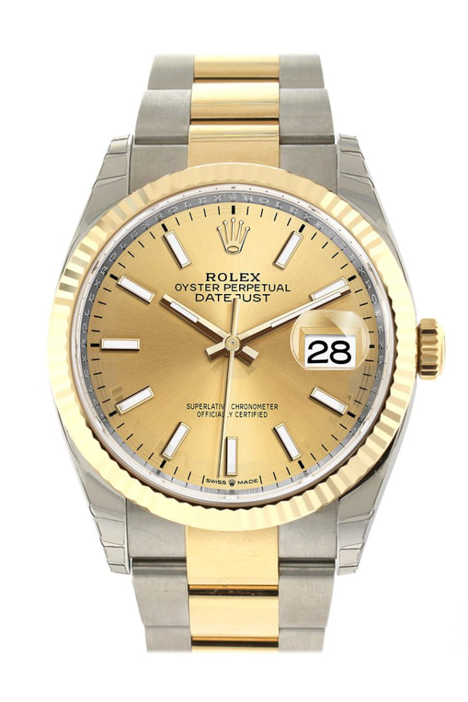 Rolex Datejust 36 Champagne Stick-colour Dial Fluted Bezel Oyster Yellow Gold Two Tone Watch 126233 NP
