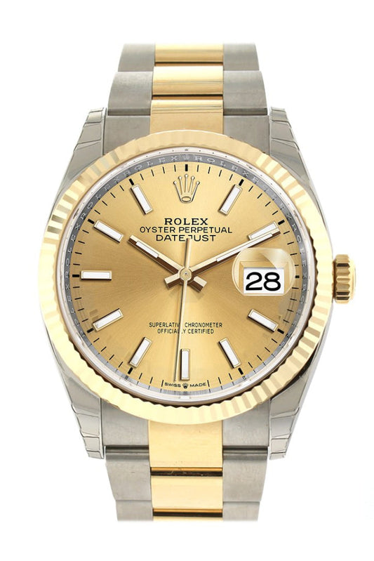 Rolex Datejust 36 Champagne Stick-colour Dial Fluted Bezel Oyster Yellow Gold Two Tone Watch 126233 NP
