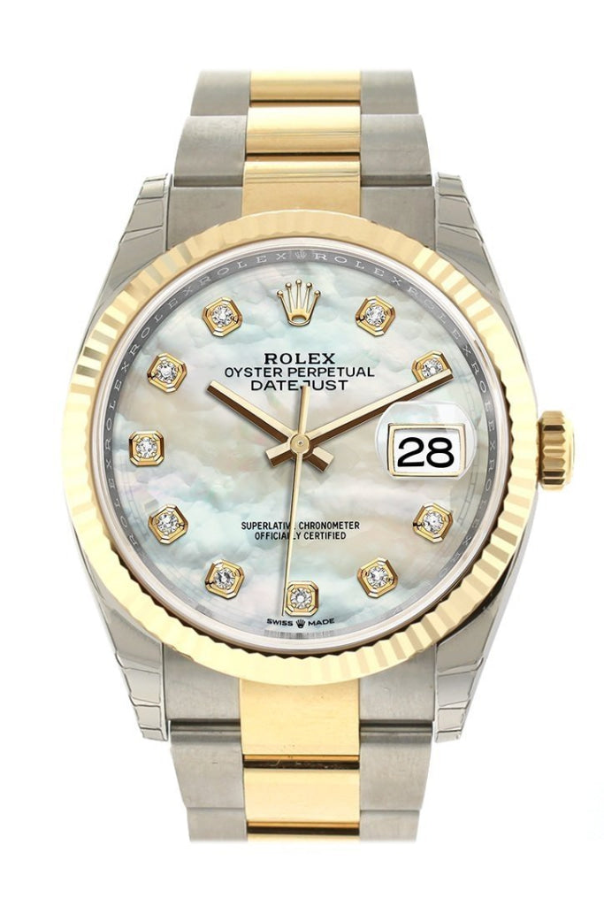 Rolex Datejust 36 White mother-of-pearl Diamonds Dial Fluted Bezel Oyster Yellow Gold Two Tone Watch 126233 NP