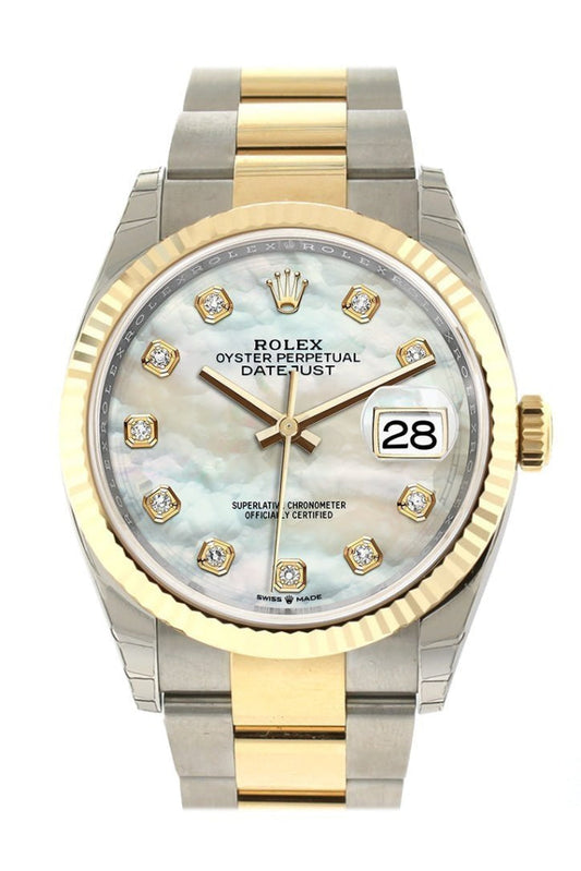Rolex Datejust 36 White mother-of-pearl Diamonds Dial Fluted Bezel Oyster Yellow Gold Two Tone Watch 126233 NP