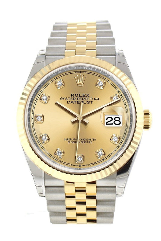 Rolex Datejust 36 Champagne-colour set with diamonds Dial Fluted Bezel Jubilee Yellow Gold Two Tone Watch 126233 NP