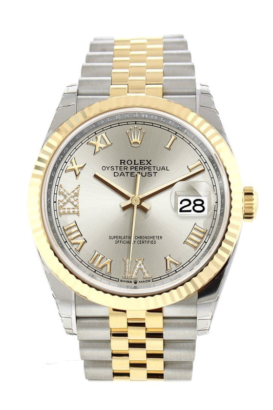 Rolex Datejust 36 Silver set with diamonds Dial Fluted Bezel Jubilee Yellow Gold Two Tone Watch 126233 NP