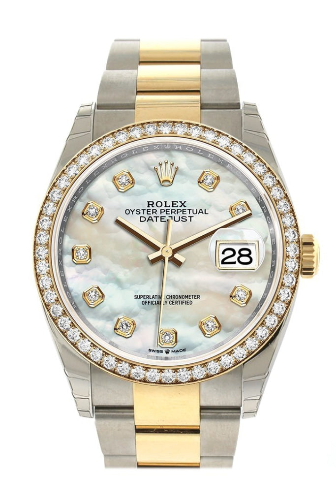 Rolex Datejust 36 White mother-of-pearl Diamonds Dial Diamond Bezel Oyster Yellow Gold Two Tone Watch 126283RBR 126283 NP
