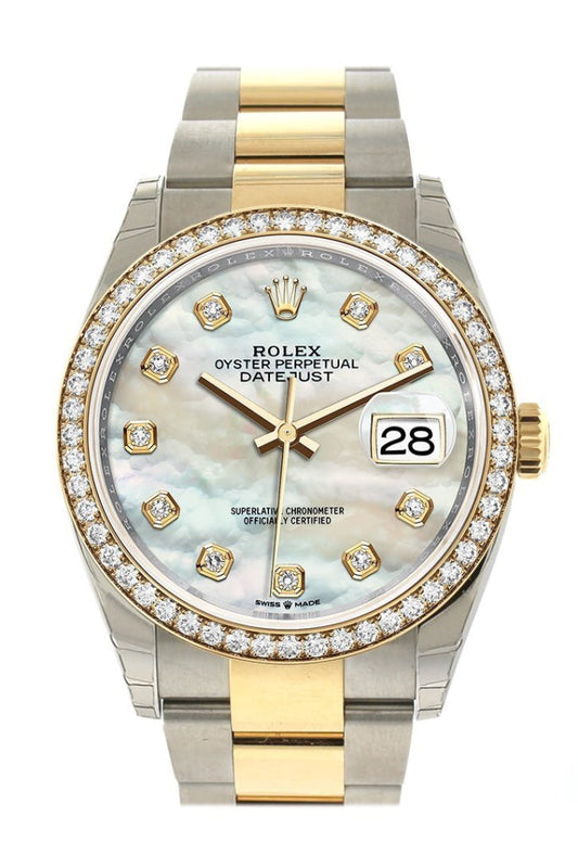 Rolex Datejust 36 White mother-of-pearl Diamonds Dial Diamond Bezel Oyster Yellow Gold Two Tone Watch 126283RBR 126283 NP